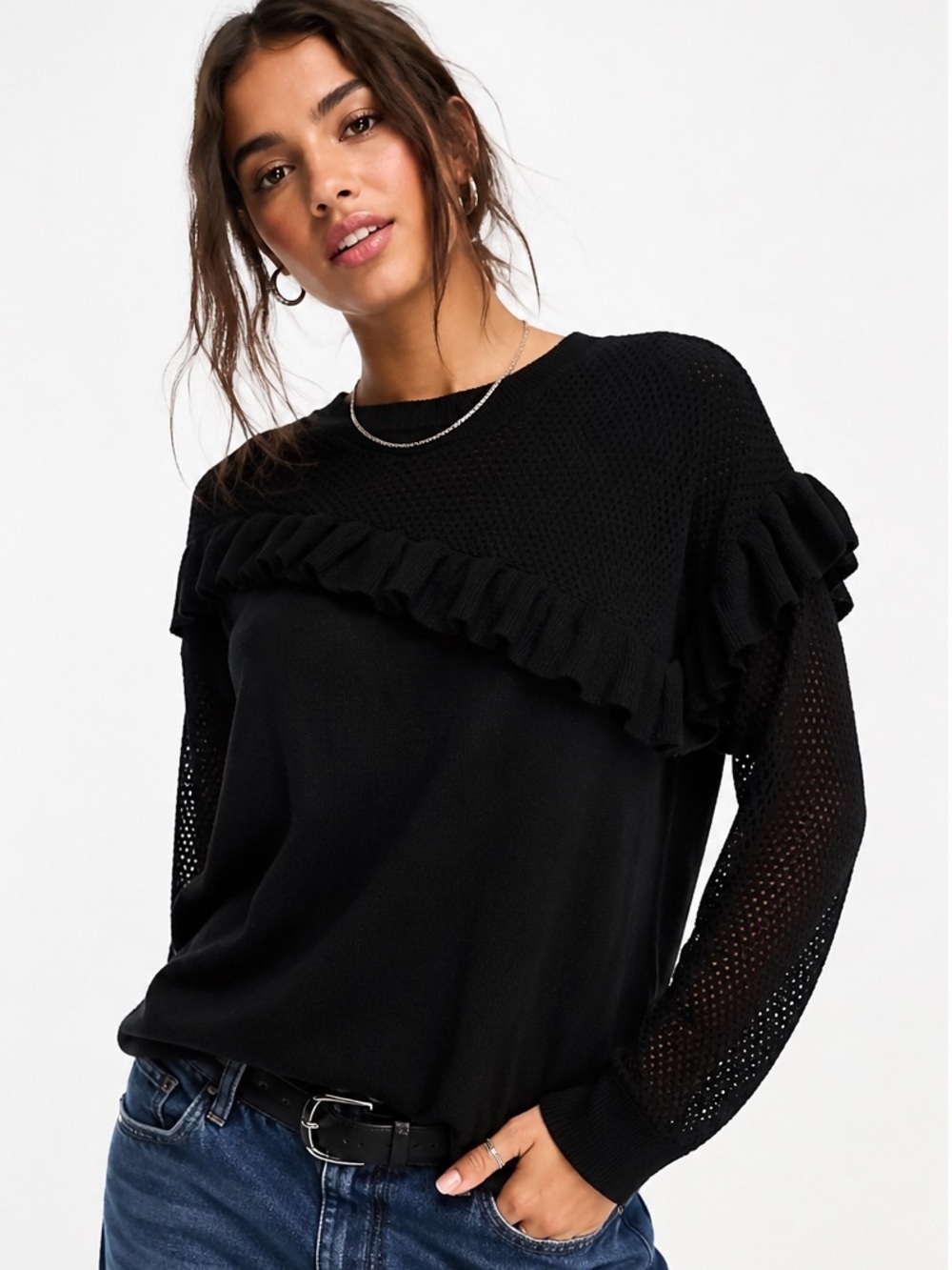 ASOS Ruffle Mesh Sweater Black